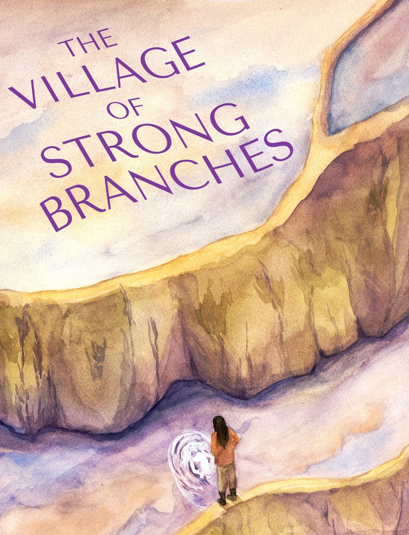 Book cover for Village of Strong Branches. A woman stands in a paddy on a terraced slope as a ghost comes out of the ground.